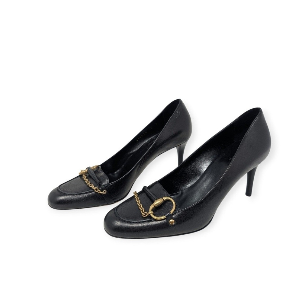 Gucci Hasler Black Leather Horsebit Chain Loafer Pumps Heels US 7B Made in Italy
